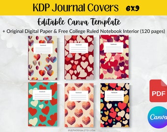 KDP Journal Covers Template 6x9 | Hearts Notebook Covers Editable Template and Ready to Upload Lined 120 Page PDF | PLR Template