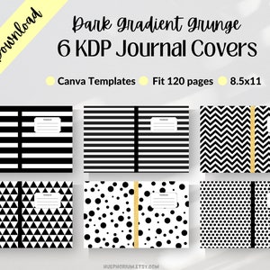 KDP Journalomslagsmall 8,5x11 svartvitt | Anteckningsboksomslag Redigerbar mall Ränder, prickar, trianglar och linjerade journalsidor bild 2