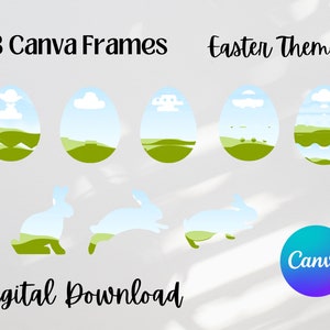 K&ouml;nnte beinhalten: Acht digitale Rahmen mit Illustrationen zum Thema Ostern von Eiern mit gr&uuml;nem Gras, blauem Himmel und wei&szlig;en Wolken. Die Rahmen sind f&uuml;r die Verwendung in Canva konzipiert. Der Text "Canva" ist in einem violetten Kreis sichtbar.