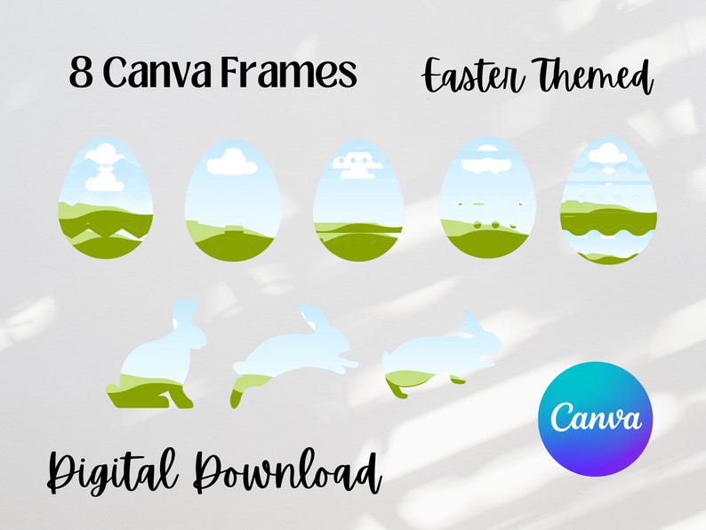 K&ouml;nnte beinhalten: Acht digitale Rahmen mit Illustrationen zum Thema Ostern von Eiern mit gr&uuml;nem Gras, blauem Himmel und wei&szlig;en Wolken. Die Rahmen sind f&uuml;r die Verwendung in Canva konzipiert. Der Text "Canva" ist in einem violetten Kreis sichtbar.