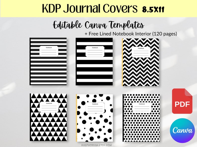 KDP Journal Covers Template 8.5x11 Black and White Notebook Covers