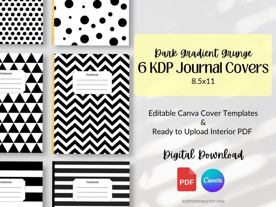 KDP Journal Covers Template 8.5x11 Black and White | Notebook Covers Editable Template Stripes Polka Dots Triangles and Lined Journal Pages