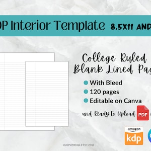 Modello interno KDP Canva College Carta a righe vuote a righe 8,5x11 + 6x9 con smarginatura / Carta stampabile / Carta a righe / PLR Uso commerciale