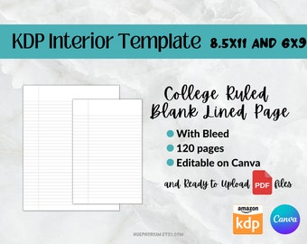 KDP Interior Template Canva College Ruled Blank Lined Papier 8,5x11 + 6x9 mit Anschnitt | Druckbares Papier | Liniertes Papier | PLR Kommerzielle Nutzung