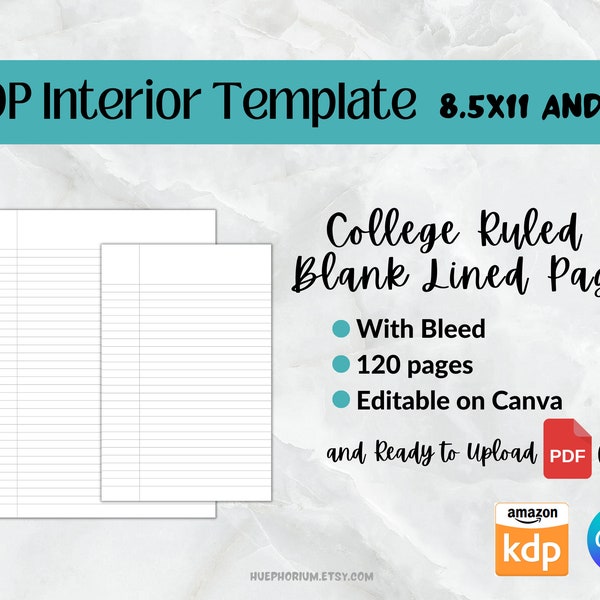 KDP Interior Template Canva College Ruled Blank Lined Paper 8.5x11 + 6x9 with Bleed | Printable Paper | Lined Paper | PLR Commercial Use