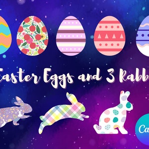K&ouml;nnte beinhalten: F&uuml;nf bunte Ostereier mit verschiedenen Mustern, darunter Streifen, Punkte und Blumenmuster. Drei Kaninchen mit gemustertem Fell sind ebenfalls enthalten. Der Text "5 Easter Eggs and 3 Rabbits" wird oben im Bild angezeigt. Das Wort "Canva" wird in einem blauen Kreis unten rechts im Bild angezeigt.