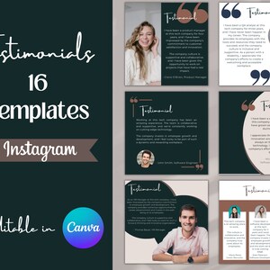 Puede incluir: Un producto digital con 16 plantillas de testimonios para Instagram. El diseño utiliza un fondo verde oscuro, texto blanco y acentos marrones. El texto "Testimonials", "16 Templates", "Instagram" y "Editable in Canva" es visible.