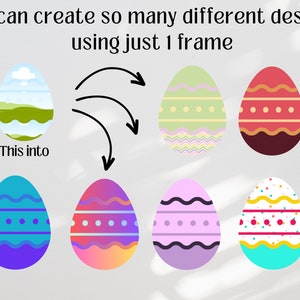 K&ouml;nnte beinhalten: Eine Grafik, die zeigt, wie man verschiedene Designs auf einem Ei mit nur einem Rahmen erstellt. Der Rahmen zeigt eine einfache Landschaft mit blauem Himmel, gr&uuml;nem Gras und einer wei&szlig;en Wolke. Die anderen Eier zeigen verschiedene Designs, darunter Streifen, Punkte und Zickzacklinien.