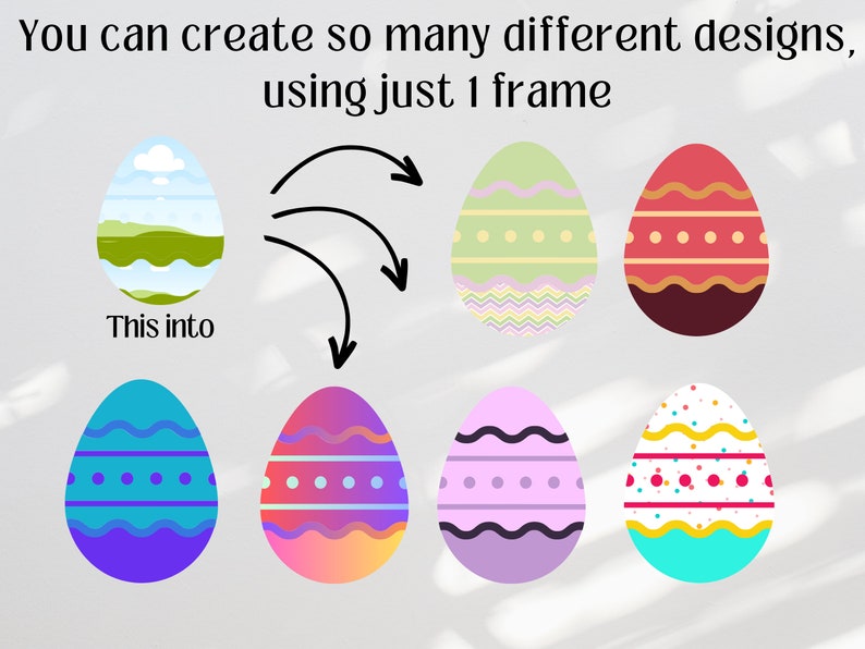 K&ouml;nnte beinhalten: Eine Grafik, die zeigt, wie man verschiedene Designs auf einem Ei mit nur einem Rahmen erstellt. Der Rahmen zeigt eine einfache Landschaft mit blauem Himmel, gr&uuml;nem Gras und einer wei&szlig;en Wolke. Die anderen Eier zeigen verschiedene Designs, darunter Streifen, Punkte und Zickzacklinien.