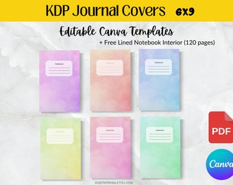 KDP Journalomslagsmall 6x9 | Pastellgrunge-toning i 6 färger | Anteckningsboksomslag redigerbar mall och redo att laddas upp, linjerad PDF med 120 sidor
