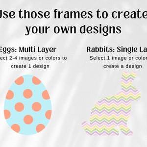 K&ouml;nnte beinhalten: Eine Grafik mit zwei Rahmen, einer mit einem hellblauen Ei mit orangefarbenen Punkten und dem Text "Eggs: Multi Layer Select 2-4 images or colors to create 1 design" und der andere mit einem hellrosa Kaninchen mit Chevron-Muster und dem Text "Rabbits: Single Layer Select 1 image or color to create a design"