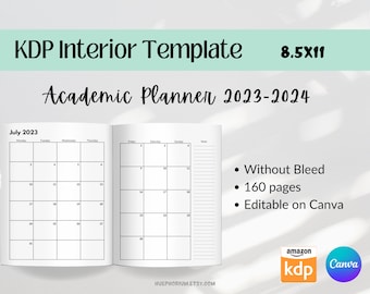 KDP Interior Template Academic Planner 2023-2024 Journal Commercial Use Editable Printable Canva Template 8.5x11, PLR