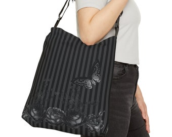 Black Gothic Classic Design Adjustable Tote Bag/Black Roses and Butterfly on Pinstripe Background/Inner Pockets (one zipper)/FREE SHIPPING