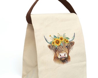 Hairy Cow/Flowers Canvas Lunch Bag With Strap