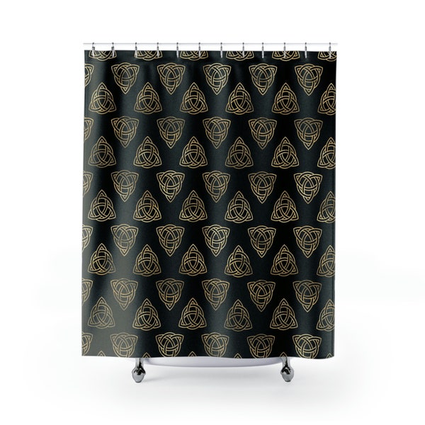 Celtic Knot Print Shower Curtain/Black Shower Curtain with Gold Celtic Knot Pattern/Scottish Irish Pattern/FREE SHIPPING