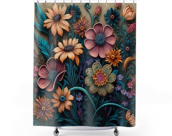 Flowers Shower Curtain/Pretty Floral Design on Light Brown Background Print Shower Curtain/3D Print Art/FREE SHIPPING