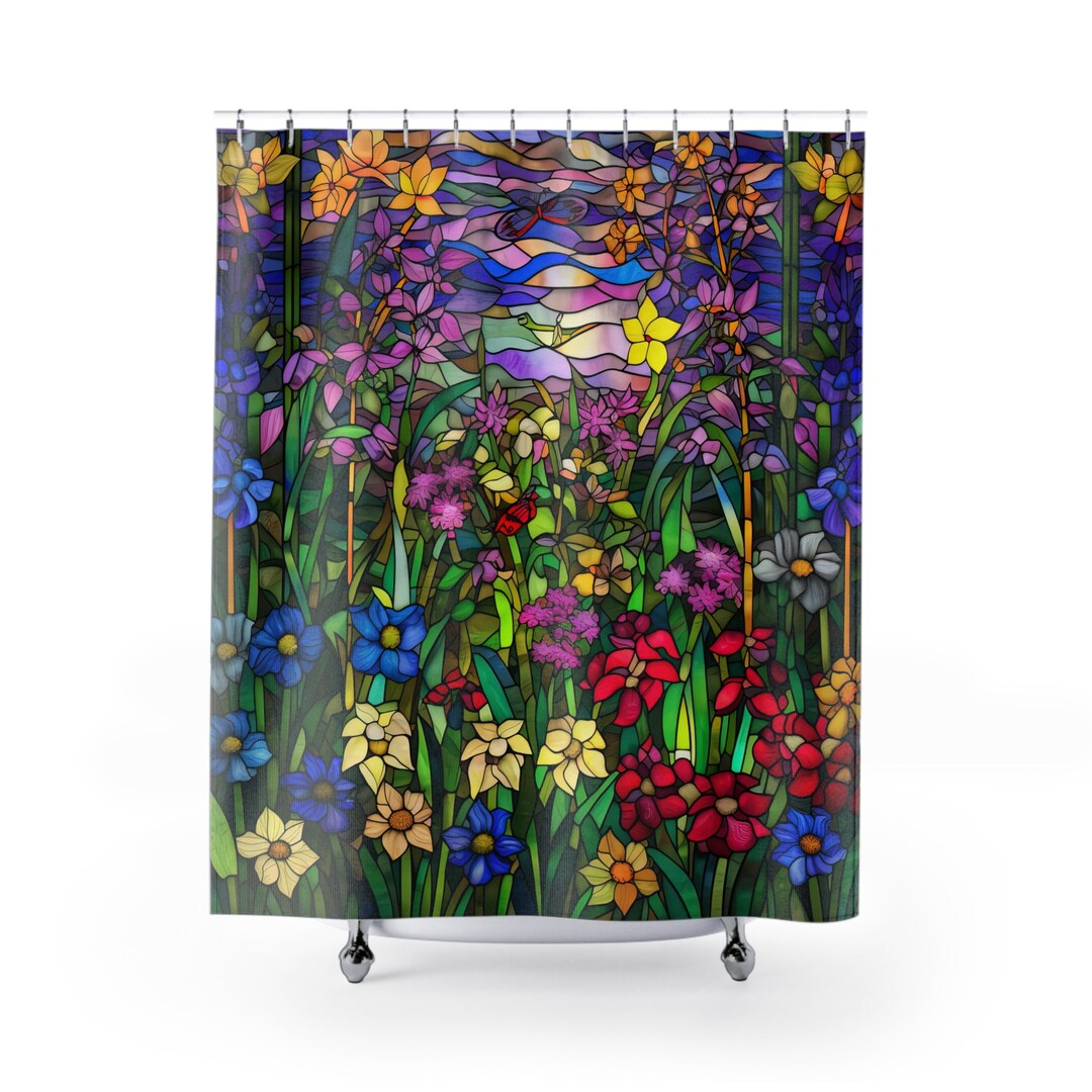 Flowers Stained Glass Shower Curtain/flower Garden Design in Purple