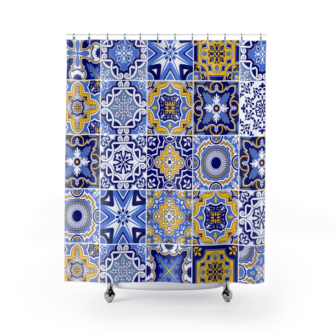 Blue and Yellow Shower Curtain/mediterranean Style Print Shower Curtain