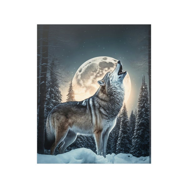 Poster Le loup et la pleine lune satiné - Art amérindien