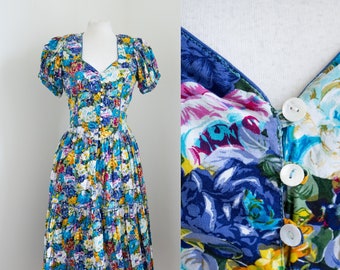 Multi-coloured floral 1980s vintage dress