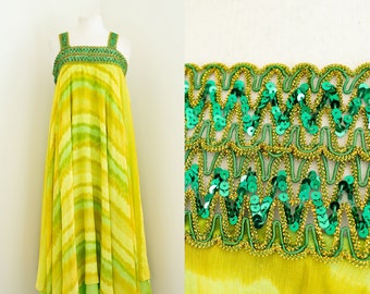 1970s Yellow & Green Floaty Summer Vintage Dress