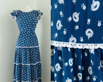 1970s Cottagecore Blue Floral Maxi Dress