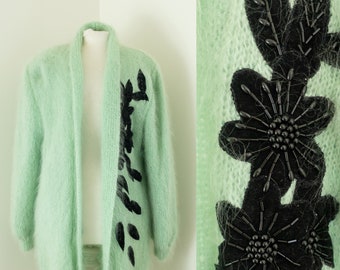 Cardigan vintage surdimensionné en laine et mohair moelleux vert menthe des années 1980
