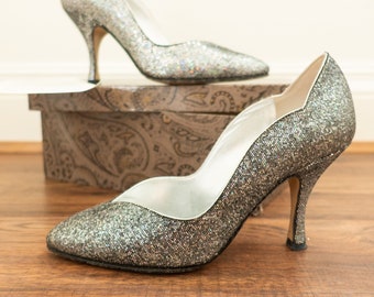 Vintage Renata Silver Glitter Italian Leather Heels Party or Wedding