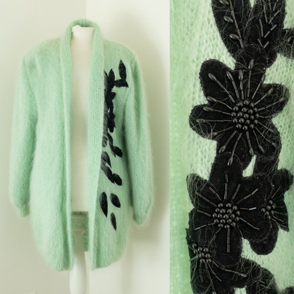 Oversized 1980s Mint Green Fluffy Mohair & Wool Vintage Cardigan