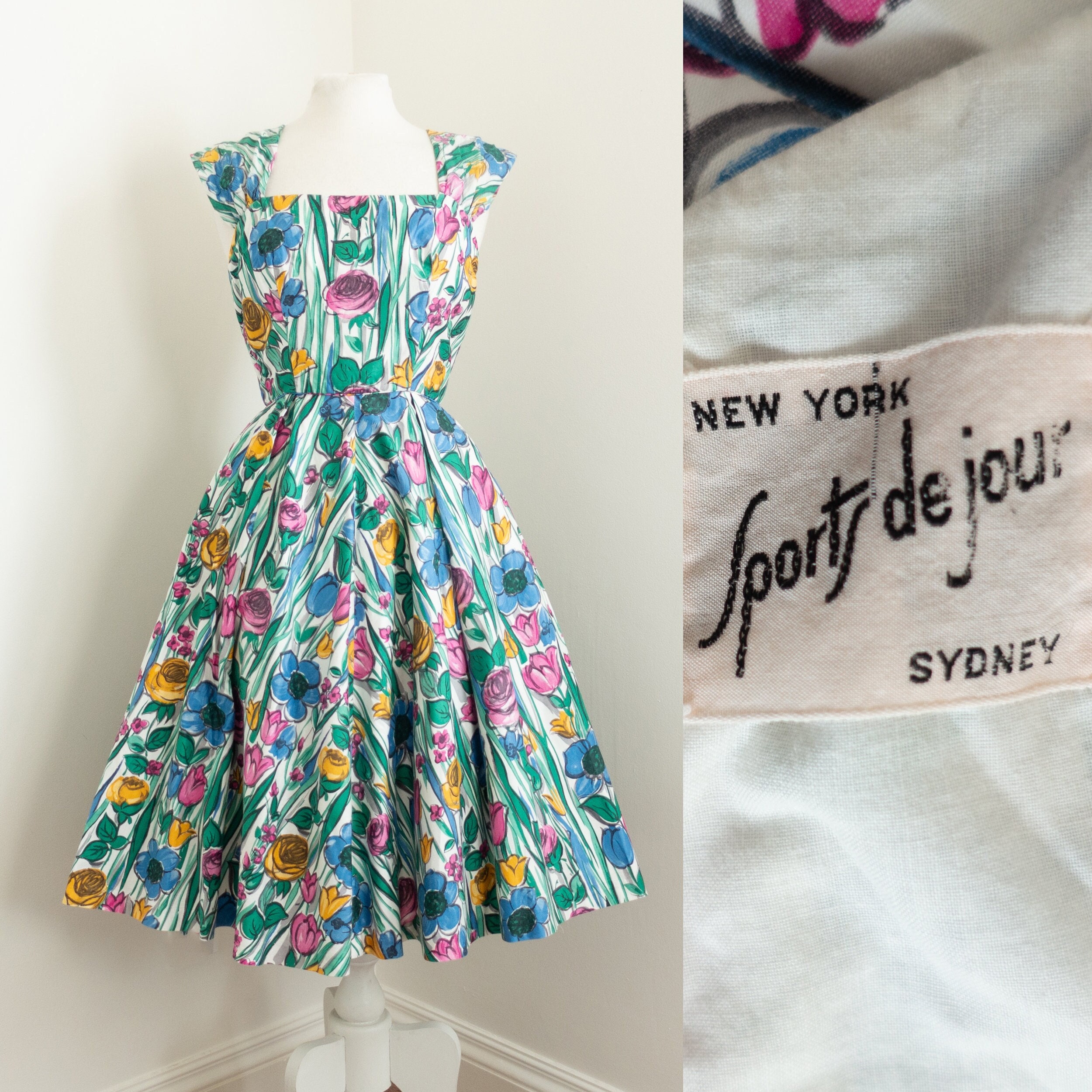 1950s Cotton Day Dress with Red Floral Print