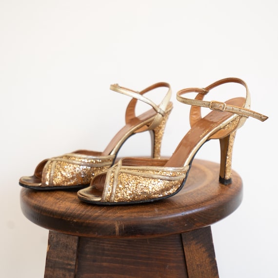 1970s Gold Glitter Terry De Havilland Heels: UK Vintage