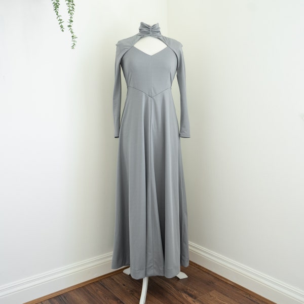 1970s Silver Disco Maxi Dress: UK Size 12, Long Sleeve Evening Gown