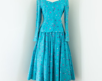 1980s Laura Ashley Dress & Jacket Set: Turquoise Floral Cotton