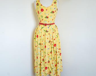Vintage 80s Yellow Strawberry Print Sun Dress: Sleeveless Polkadot Midi UK 10