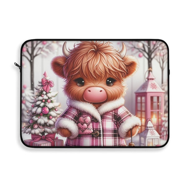 Pink Highland Cow Laptop Sleeve, Highland Cow Laptop Sleeve, Personalised Boho Floral Cow Laptop Bag, Farmhouse Gift, Macbook Cover Case