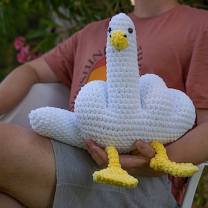 以下が含まれることがあります： 黄色い足と黒い目をした白い毛糸のガチョウ。ガチョウは人によって抱かれている。