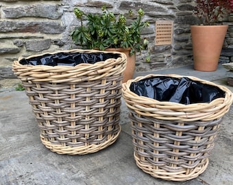 Kubu Rattan Round Planters: Two-Tone Twin Weave Garden Pots (Indoor/Outdoor)