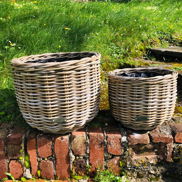 Gorgeous Grey KUBU Rattan Round Shaped Planter with Plastic Lining. Available in Two Sizes