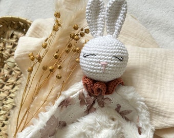 Doudou rabbit crochet watercolor brown flowers - Personalized cuddly toy - Crochet cuddly toy - Birth gift - baby