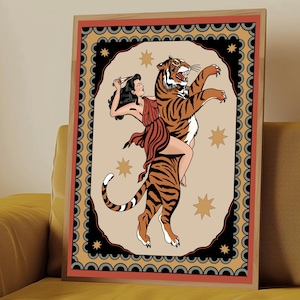 Woman vs Tiger Digital Art Print – Tattoo Style Wall Décor, Feminine Power, Vintage Inspired, Instant Download, Edgy, Bold, Pop Art, Animal