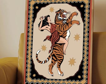 Woman vs Tiger Digital Art Print – Tattoo Style Wall Décor, Feminine Power, Vintage Inspired, Instant Download, Edgy, Bold, Pop Art, Animal
