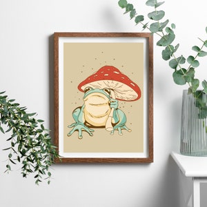 Mushroom Toad, Cottagecore Print, Cute Frog Art, Retro Wall Art, 70s Print, Funky Wall Art, Frog Poster, Vintage Wall Art, Positive Quotes