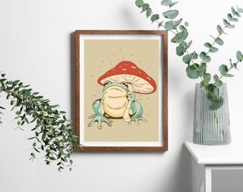 Mushroom Toad, Cottagecore Print, Cute Frog Art, Retro Wall Art, 70s Print, Funky Wall Art, Frog Poster, Vintage Wall Art, Positive Quotes