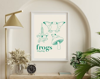 Frogs Poster, Cottagecore Print, Cute Frog Art, Retro Wall Art, 70s Print, Funky Wall Art, Funny Poster, Vintage Wall Art, Bohemian Art