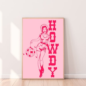 Retro Cowgirl Print, Disco Cowgirl Art, Retro Poster, Pink Art, Howdy Wall Print, Trendy Digital Download Poster, Western Cowboy