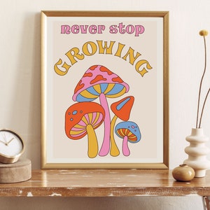 Mushroom Art, Cottagecore Print, Cute Mushrooms, Retro Wall Art, 70s Print, Funky Wall Art, Cool Poster, Vintage Wall Art, Positive Quotes