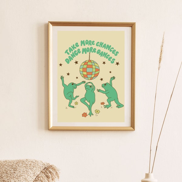 Dancing Frogs, Cottagecore Print, Cute Frog Art, Retro Wall Art, 70s Print, Funky Wall Art, Frog Poster, Vintage Wall Art, Positive Quotes