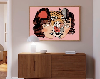 Fierce Feminine Leopard Fusion – Bold Surreal Art Print, Tattoo-Inspired Décor, Digital Download, Retro, Pop Art, Animal Print, Bold, Edgy