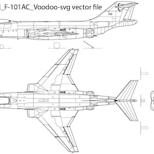 May include: A black and white line drawing of a McDonnell F-101A Voodoo aircraft. The drawing shows the aircraft from three different angles: side, top, and rear. The drawing is labeled "McDonnell F-101AC Voodoo-svg vector file".