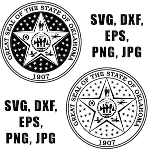 May include: Black and white image of the Great Seal of the State of Oklahoma. The seal features a five-pointed star with a smaller circle inside. The circle contains the words "Labor Omnia Vincit" and three figures standing together. The star is surrounded by 44 small stars. The seal is surrounded by a circle with the words "Great Seal of the State of Oklahoma" and the year "1907".